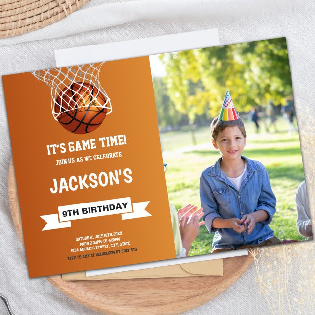 Customizable Sports Party Invitations for Kids (Orange Light Basketball Birthday Invitations photo)