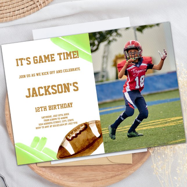 Customizable Sports Party Invitations for Kids (Green Football Invitations with photo)