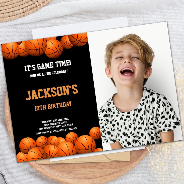 Customizable Sports Party Invitations for Kids (OrangeBalls with black background Basketball Photo Invitation)