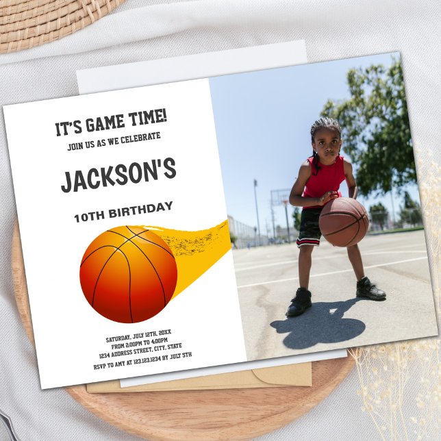 Customizable Sports Party Invitations for Kids (Basketball Invitation orange line with photo)