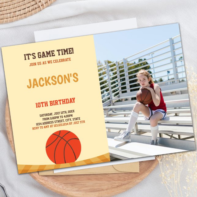 Customizable Sports Party Invitations for Kids (Yellow Brown Basketball Invitations with photo)