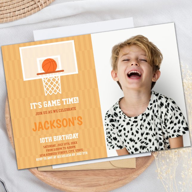 Customizable Sports Party Invitations for Kids (Orange Backside Basketball Birthday Invitations ph)