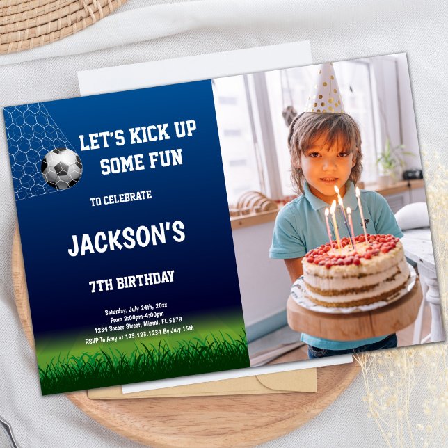 Customizable Sports Party Invitations for Kids (7th Soccer Birthday Invitations with photo)