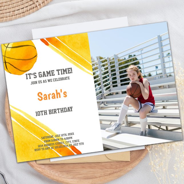 Customizable Sports Party Invitations for Kids (Orange Ball Watercolor Basketball Invitations phot)