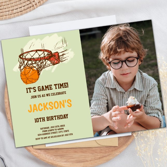 Customizable Sports Party Invitations for Kids (Basket Ball Green Basketball Invitations w photo)
