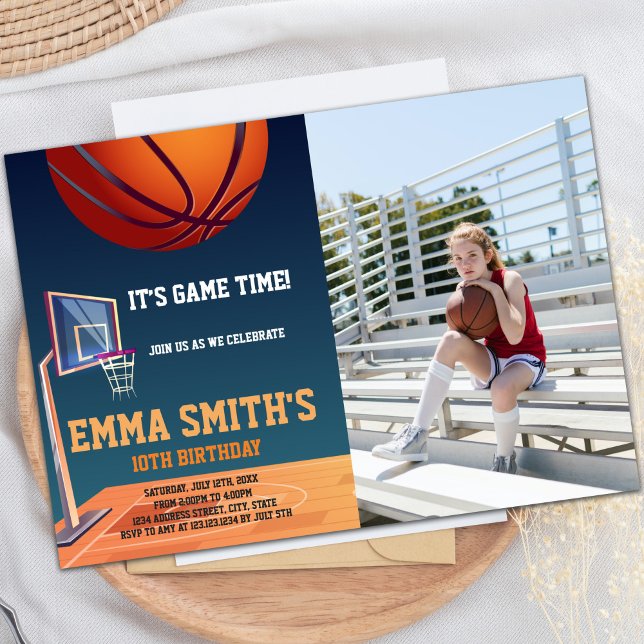 Customizable Sports Party Invitations for Kids (It's Game Time Basketball Invitations with photo)