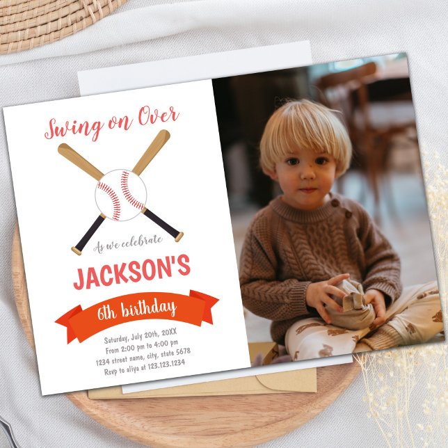 Customizable Sports Party Invitations for Kids (Red Brown Baseball Birthday Invitations photo)