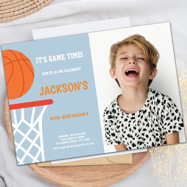Customizable Sports Party Invitations for Kids (Blue Gray Background Basketball Invitations photo)