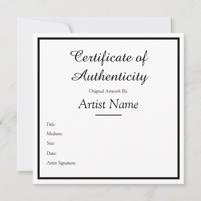 Customizable Square Certificate of Authenticity Note Card (Front)