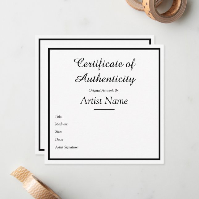 Customizable Square Certificate of Authenticity Note Card