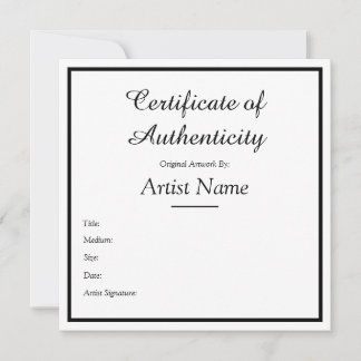 Customizable Square Certificate of Authenticity Note Card