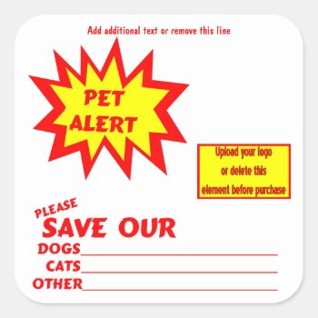 Customizable Square Emergency Pet Alert Stickers by malibuitalian at Zazzle