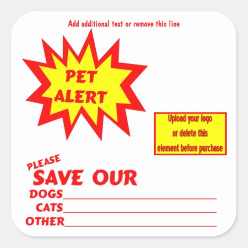 Customizable Square Emergency Pet Alert Stickers