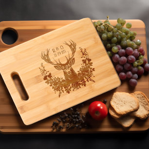 Customizable Stag Head Floral Wreath Etched Engraved Cutting Board