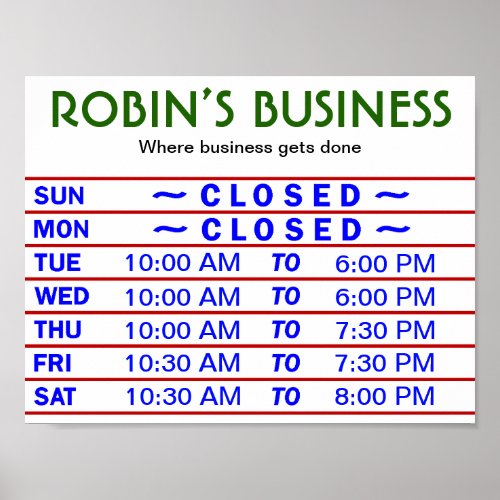 Customizable Store Hours Sign w YOUR Store Name