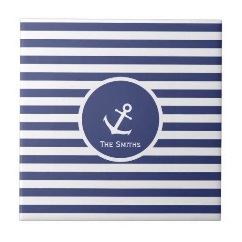 Customizable Striped Nautical Anchor Tile