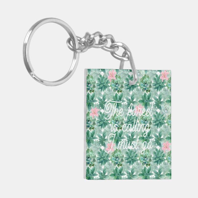 Customizable succulent pink lily botanical pattern keychain (Front Left)