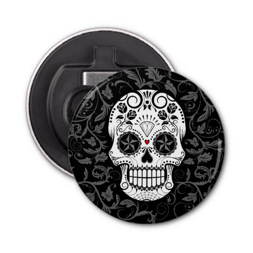 Customizable Sugar Skull with Gray Vines and Roses Bottle Opener
