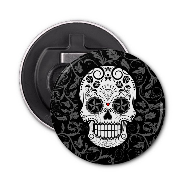 Customizable Sugar Skull with Gray Vines and Roses Bottle Opener (Front)