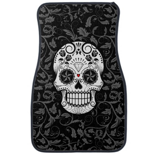 Customizable Sugar Skull with Gray Vines and Roses Car Floor Mat