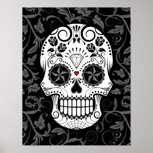 Customizable Sugar Skull with Gray Vines and Roses Poster