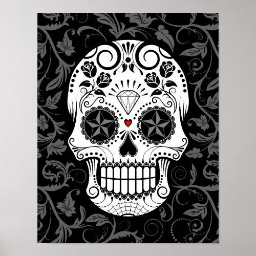 Customizable Sugar Skull with Gray Vines and Roses Poster