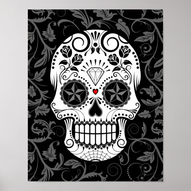 Customizable Sugar Skull with Gray Vines and Roses Poster (Front)