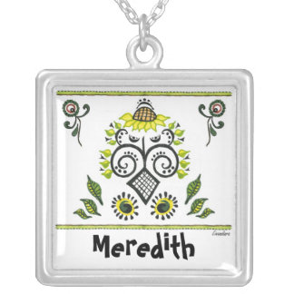 Customizable Sunflower Folk Art by Alexandra Cook Silver Plated Necklace