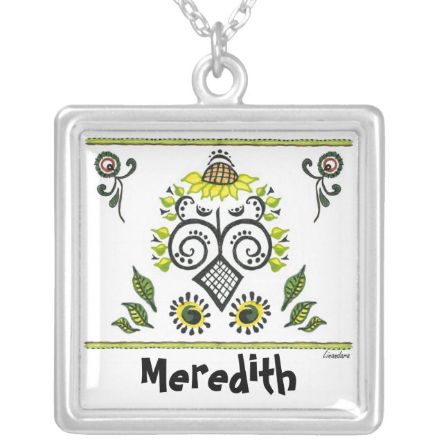 Customizable Sunflower Folk Art by Alexandra Cook Silver Plated Necklace (Front)