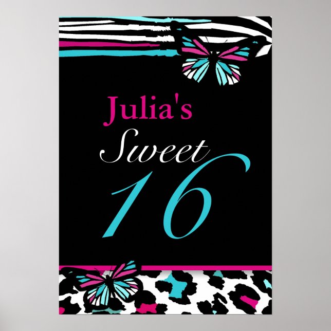 Customizable Sweet 16 Animal Print Butterfly Poste (Front)