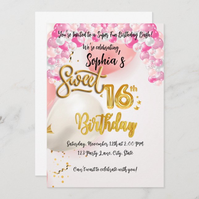 Customizable Sweet 16 Birthday Invitation Card (Front/Back)