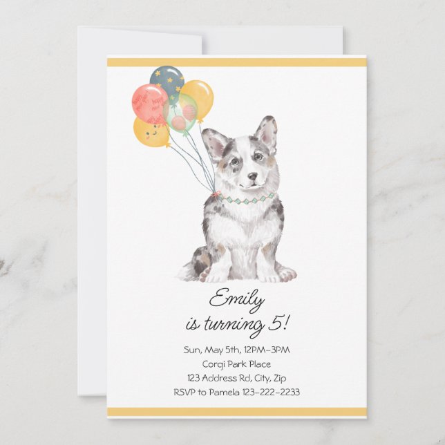 Customizable Sweet Corgi Birthday Balloons Invitation (Front)