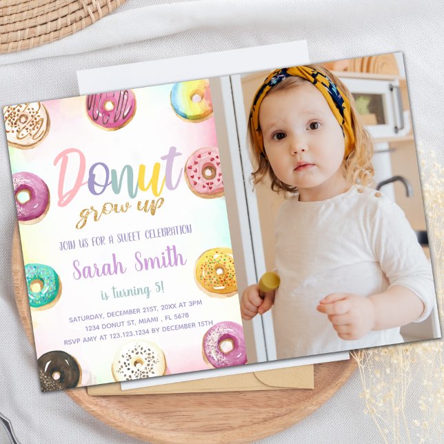 Customizable Sweet Party Invitations for Kids (Pink Donut Birthday Invitations with photo)