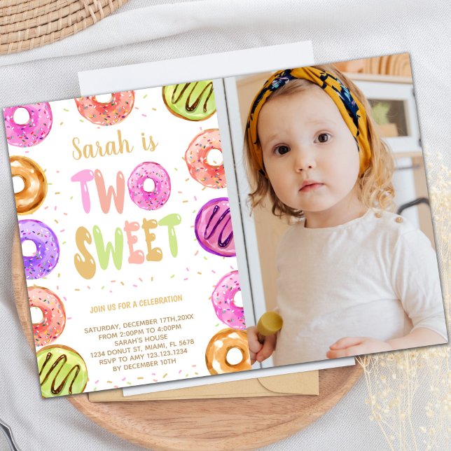 Customizable Sweet Party Invitations for Kids (Two Sweet Donut Birthday Invitations w photo)