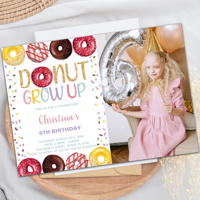 Customizable Sweet Party Invitations for Kids (Yellow Donut Birthday Invitations w photo)