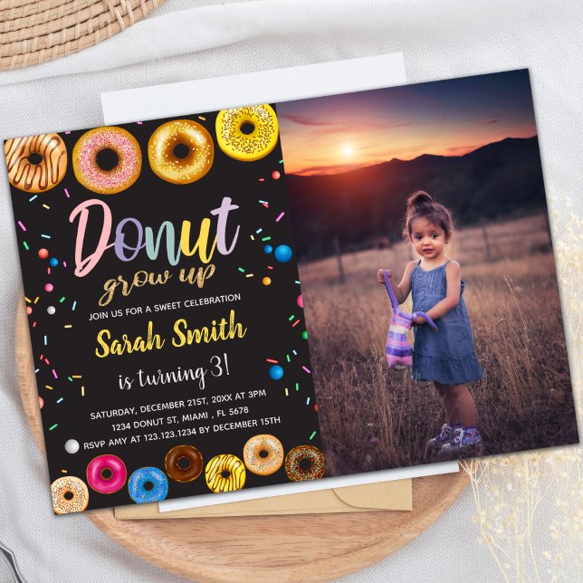 Customizable Sweet Party Invitations for Kids (Black Colors Donut Birthday Invitations with photo)