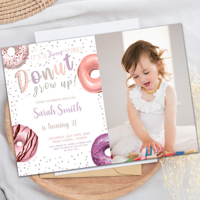 Customizable Sweet Party Invitations for Kids (Donut Silver Donut Birthday Invitations with photo)