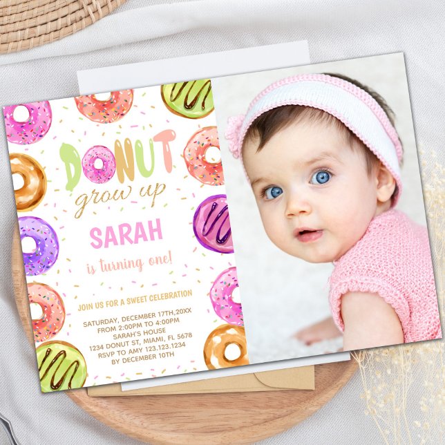 Customizable Sweet Party Invitations for Kids (Light Colors Donut Birthday Invitations w photo)