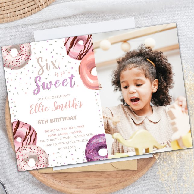 Customizable Sweet Party Invitations for Kids (Six Sweet Pink Donut Birthday Invitations photo)