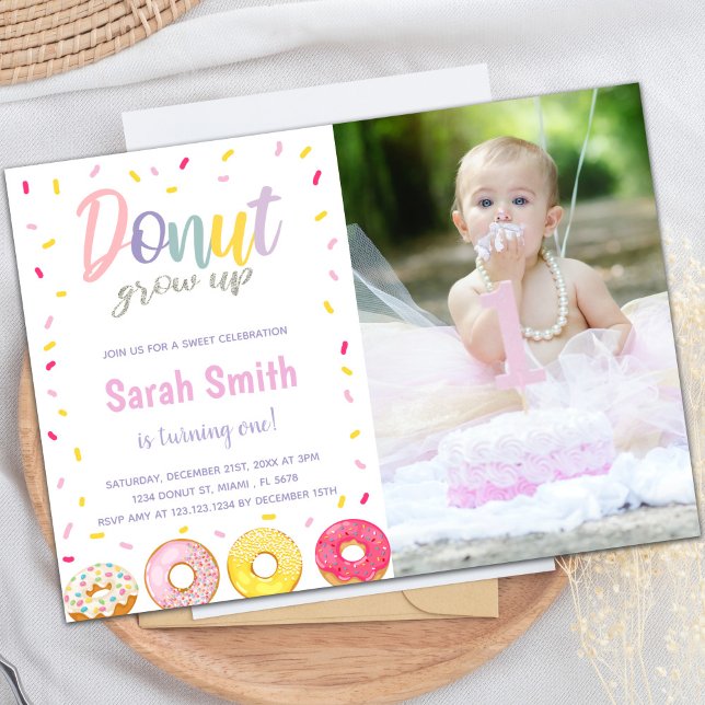 Customizable Sweet Party Invitations for Kids (Purple Pink Donut Birthday Invitations with photo)