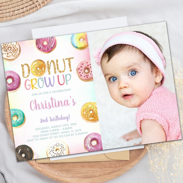 Customizable Sweet Party Invitations for Kids (Golden Glitter Donut Birthday Invitations w photo)