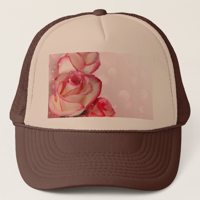 Customizable Tan and Brown-Cap Light Pink Rose Trucker Hat (Front)