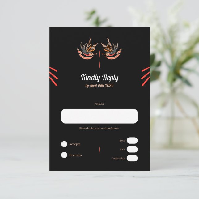 Customizable Tattoo style Love Swallows RSVP Cards (Standing Front)