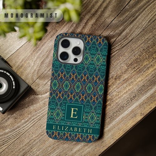 Customizable Teal Blue Green Aztec Pattern iPhone 15 Pro Max Case