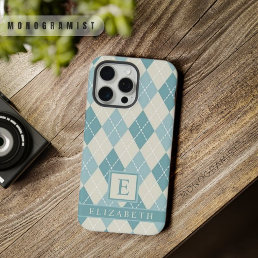 Customizable Teal Blue Green Grey Argyle Pattern iPhone 15 Pro Max Case