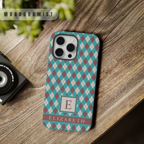 Customizable Teal Blue Green Grey Brown Argyle iPhone 15 Pro Max Case