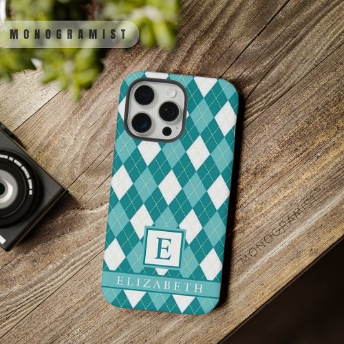 Customizable Teal Blue Green White Argyle Pattern iPhone 15 Pro Max Case