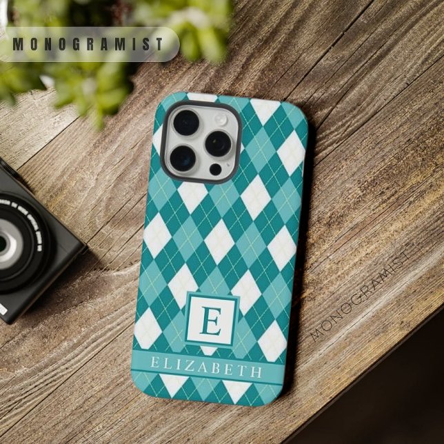 Customizable Teal Blue Green White Argyle Pattern iPhone Case (Customizable Teal Blue Green White Argyle Pattern iPhone Case)