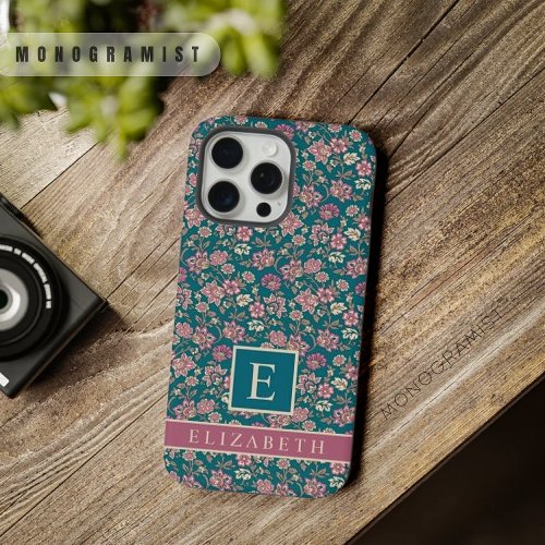 Customizable Teal Green Floral Pink Flowers iPhone 15 Pro Max Case