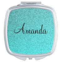 Customizable teal sparkly glitter compact mirror